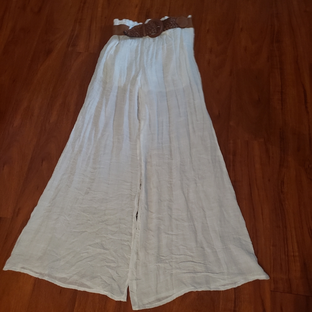 Ladies White Wide Leg Pants with Belt
